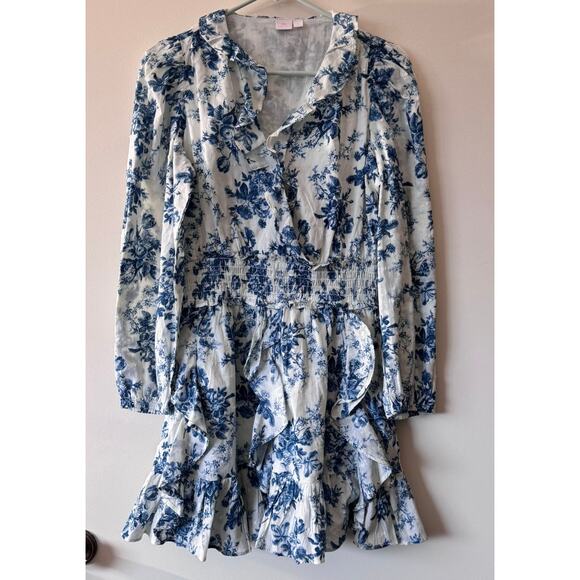 LoveShackFancy x Gap Smocked Ruffle Mini Dress in Blue Floral Size Small - Picture 3 of 7